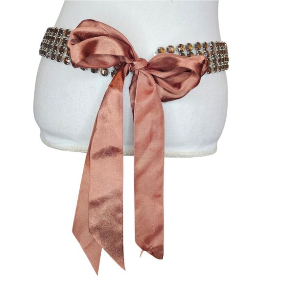 Y2K Retro Brown Rhinestone Waist Belt Multi-row Satin Tie‎ Bow Sz L XL 1X 2X - Picture 1 of 12
